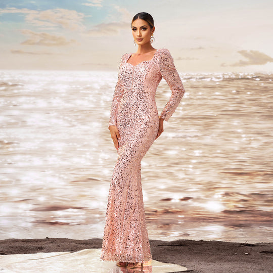 Long Sleeve Square-neck Sequined Sheath Fishtail Evening Dress - Onouthati