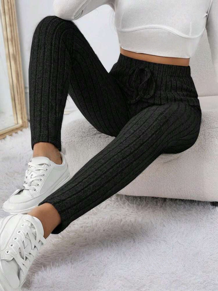 Women's Autumn And Winter Solid Color With Fur Drawstring Tight And Warm High Waist Outerwear Leggings - Onouthati
