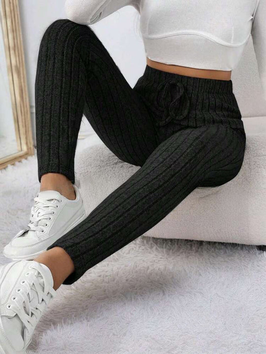 Women's Autumn And Winter Solid Color With Fur Drawstring Tight And Warm High Waist Outerwear Leggings - Onouthati