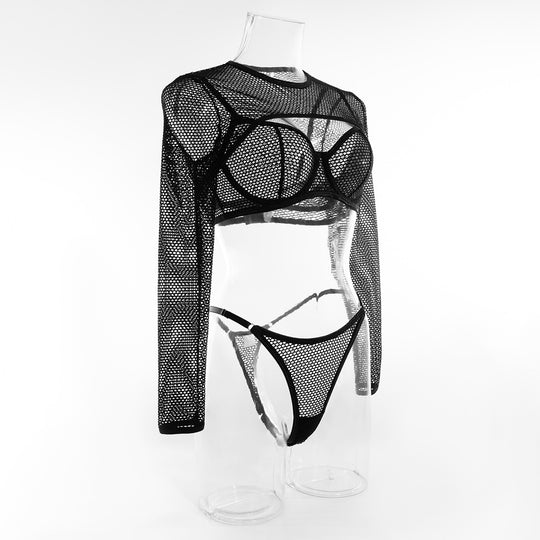 Long Sleeve Blouse Mesh Hollow Sexy Lingerie Three-piece Bra Short Waistcoat Top Suit - Onouthati