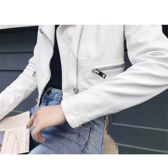 Motorcycle Leather Women's Short Slim Fit Plus Size Washed Leather Jacket - Onouthati