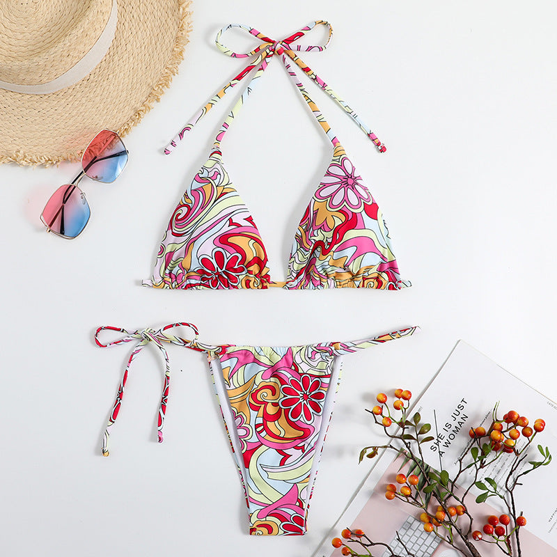 Triangle Printed Bikini For Women With Separate System And Hanging Neck Swimsuit - Onouthati