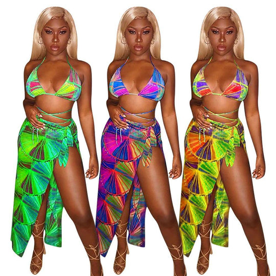 Split Swimsuit Summer Bikini Three-piece Print Beach Suit Swimming Sportswear - Onouthati