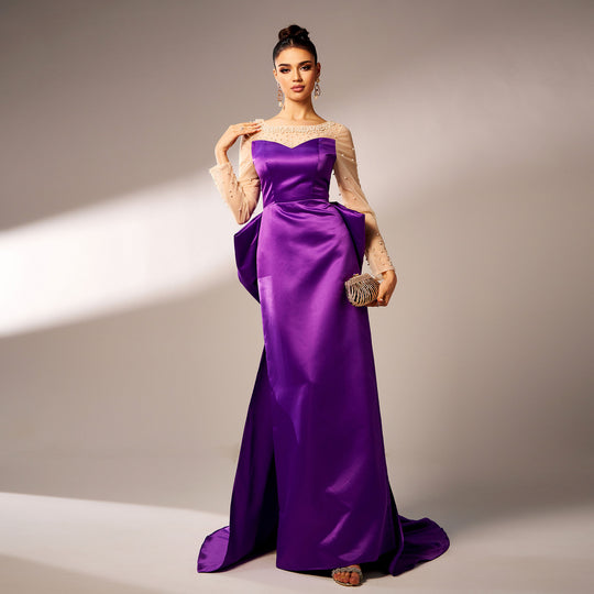 Long Sleeve Round Neck Party Beaded Big Bow Evening Dress - Onouthati