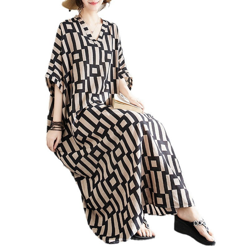 Ethnic Style V-neck Printed Striped Dress Women - Onouthati