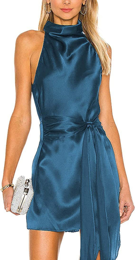 Halter Buckle Bare Back Satin Dress Women - Onouthati