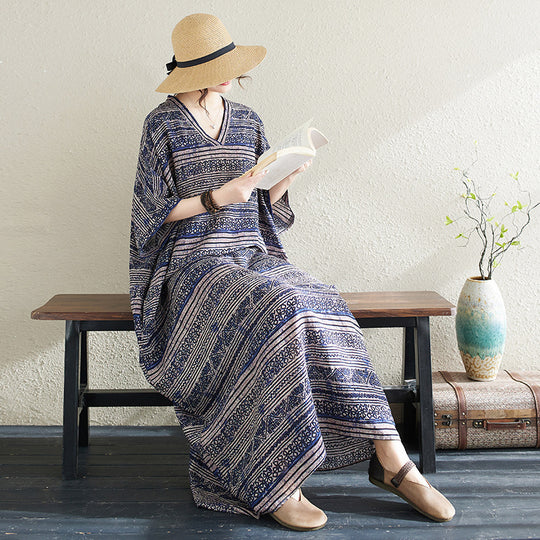 Ethnic Style V-neck Printed Striped Dress Women - Onouthati