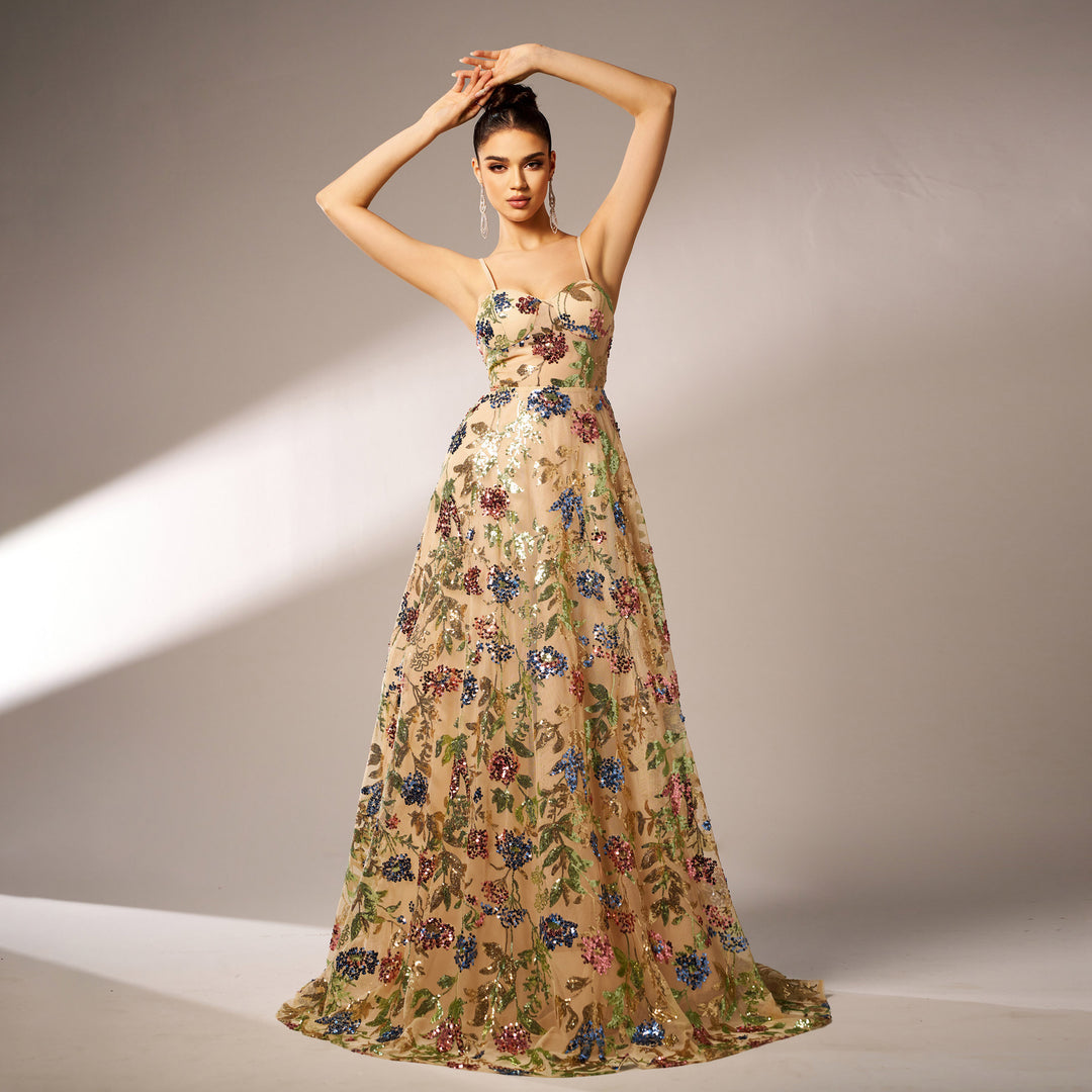 Elegant Sleeveless Sequined Suspender Evening Dress - Onouthati
