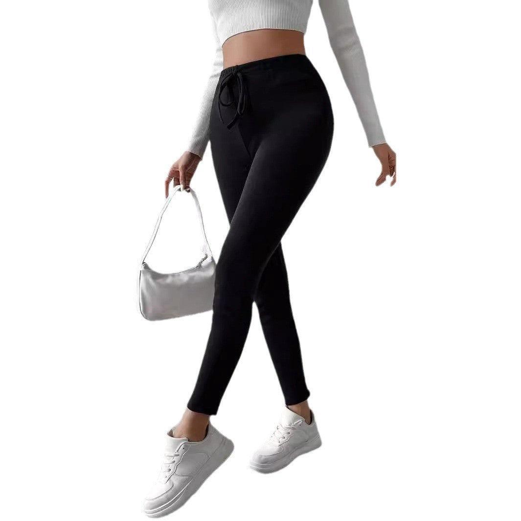 Women's Autumn And Winter Solid Color With Fur Drawstring Tight And Warm High Waist Outerwear Leggings - Onouthati