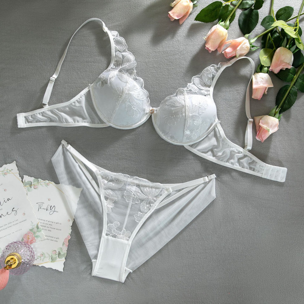 Hollow Out Embroidery With Bra Pad Underwear Set For Women - Onouthati