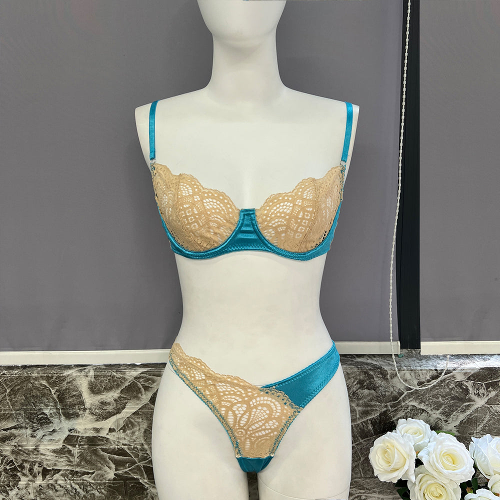 Color Matching Lace Mesh Suit See-through Two-piece Set For Women - Onouthati