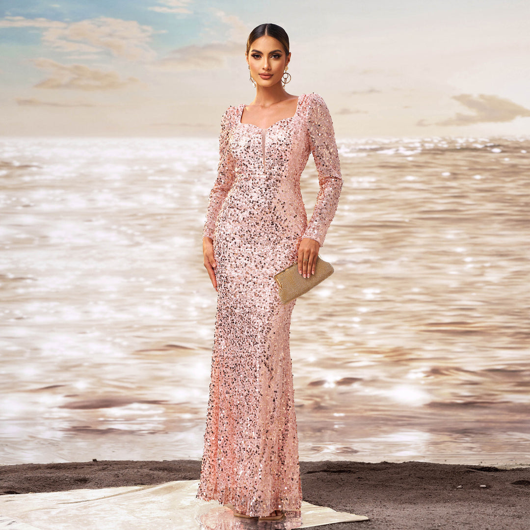 Long Sleeve Square-neck Sequined Sheath Fishtail Evening Dress - Onouthati