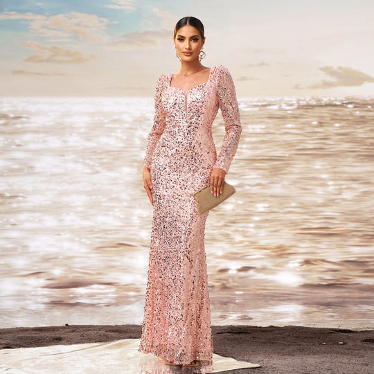 Long Sleeve Square-neck Sequined Sheath Fishtail Evening Dress - Onouthati