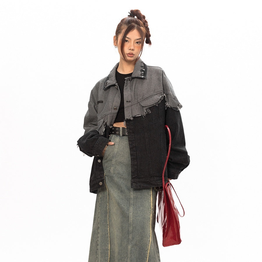 Stitching Design Contrast Color Damage Denim Coat - Onouthati