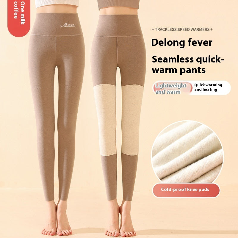 Winter High Waist Knee-pad Leggings Fashion Warm Double-sided Frosted Pants Solid Slim Trousers Women Clothing - Onouthati