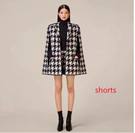 Houndstooth Woolen Cape Coat Shorts - Onouthati