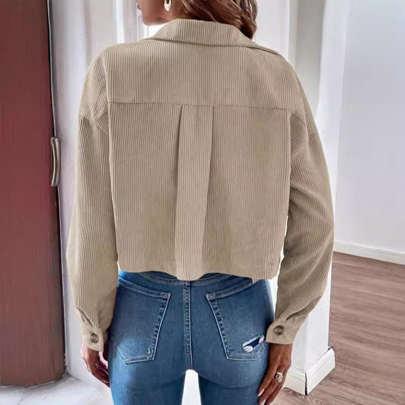 Women's Fashion Short Corduroy Button Jacket Casual Short Coat - Onouthati