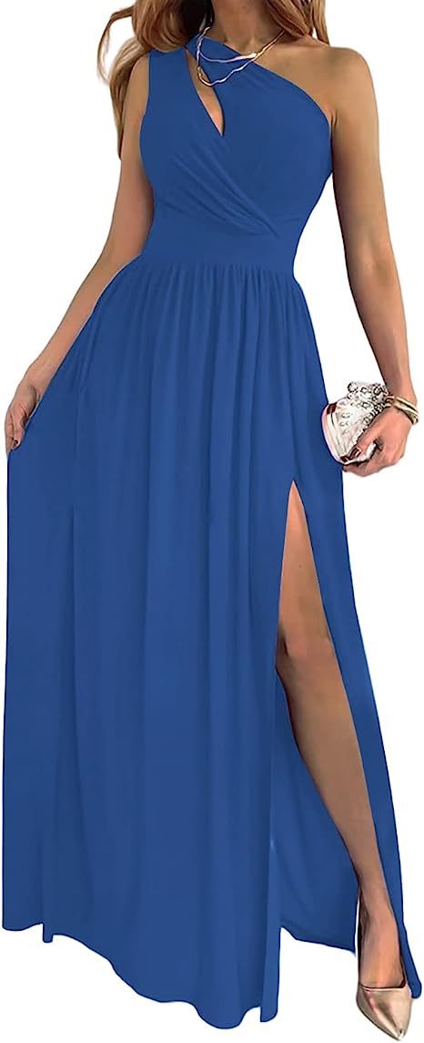 Women's One Shoulder High Split Cutout Sleeveless Elegant Sexy Cocktail Maxi Dress - Onouthati
