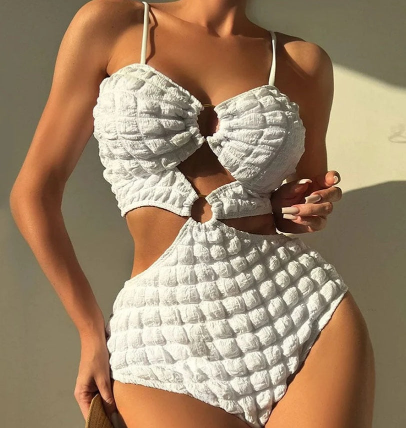 Special Fabric Seersucker Bikini Sexy Ring One-piece Swimsuit For Women - Onouthati