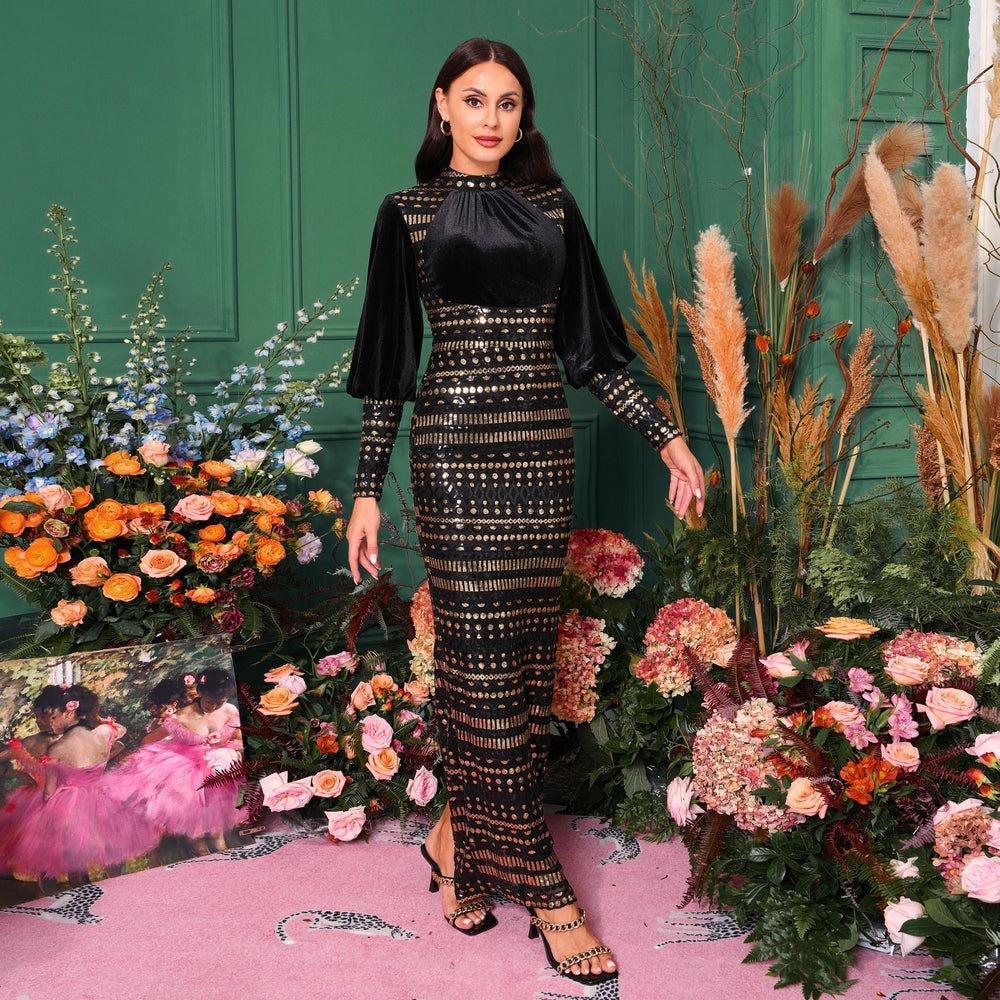 Long Sleeve Round Neck Sequins Slit Evening Dress - Onouthati