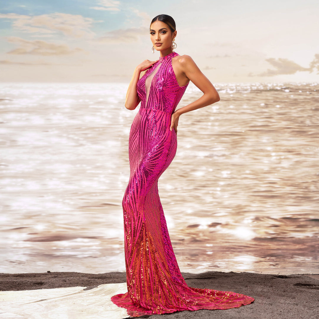 Round Neck Off-the-shoulder Slim-fit Sheath Sequined Banquet Fishtail Evening Dress - Onouthati