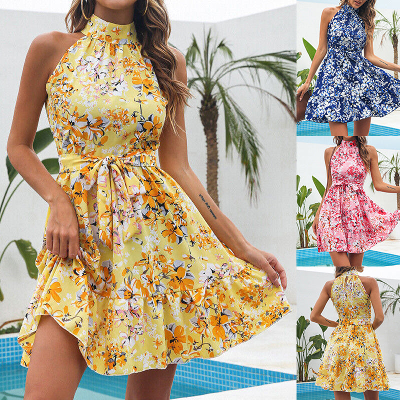 New Flowers Print Halterneck Dress Summer Fashion Temperament Lace-up Ruffled Dresses For Women - Onouthati