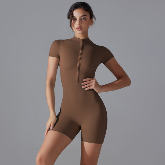 Summer Zipper Short-sleeved Shorts Jumpsuit Yoga Fitness Dance Slim Sports Bodysuit Women Sports Clothing - Onouthati