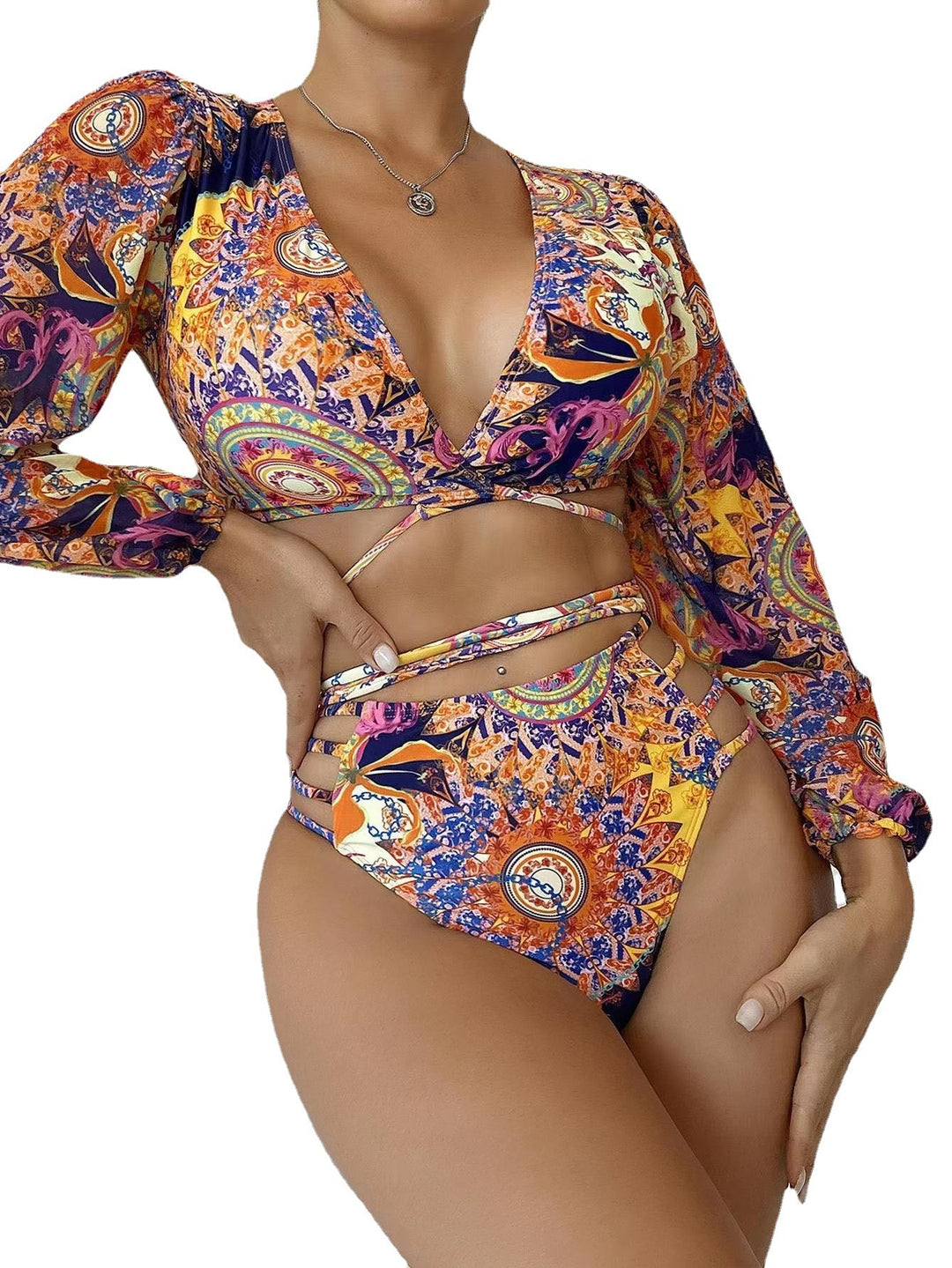 Mesh Long Sleeve Long Shoelace Bikini Swimsuit For Women - Onouthati