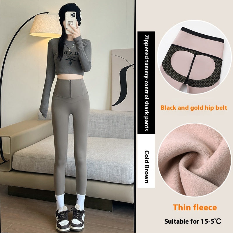 Belly-controlling Butt Lifting Leggings With Three-breasted Design Winter High Waist Slim Zippere Pants Warm Velvet And Thickened Trousers Women Clothing - Onouthati