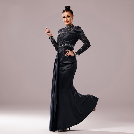 Long Sleeve Slim-fit Sheath Pearl Banquet Fishtail Evening Dress - Onouthati