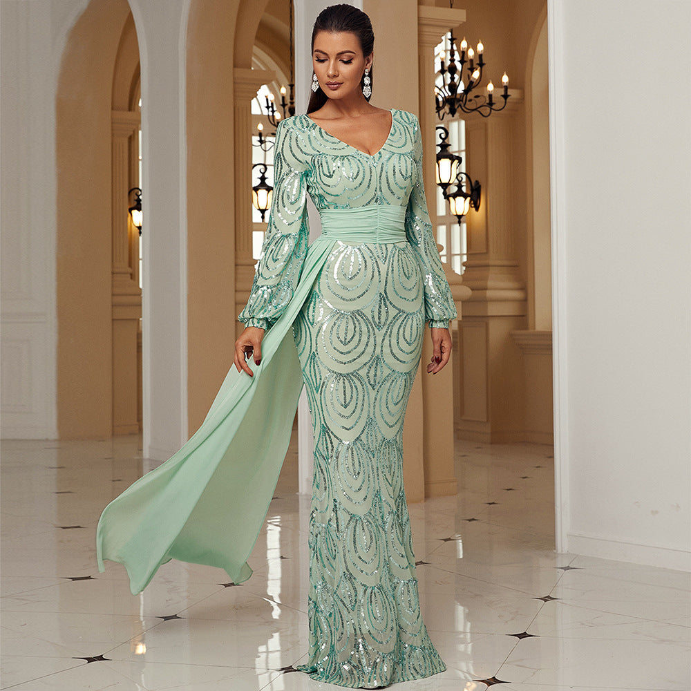 Long Sleeve Sexy Long Sequined V-neck Banquet Ribbon Evening Dress - Onouthati