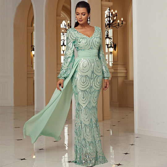 Long Sleeve Sexy Long Sequined V-neck Banquet Ribbon Evening Dress - Onouthati