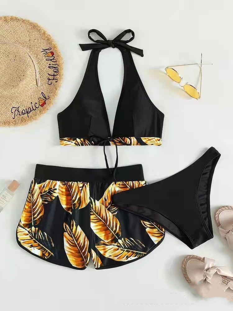 3pcs Leaf Print Bikini With Shorts Fashion Summer Beach Swimsuit Womens Clothing - Onouthati