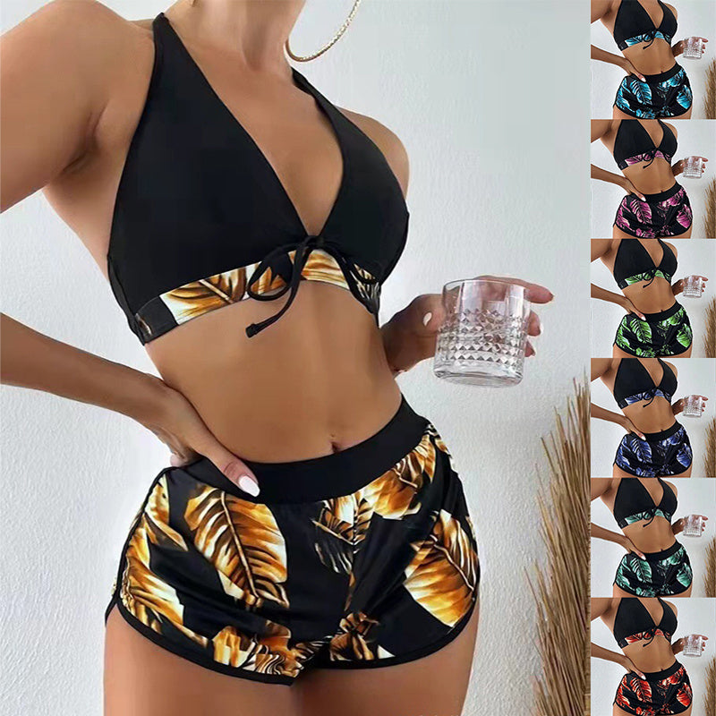 3pcs Leaf Print Bikini With Shorts Fashion Summer Beach Swimsuit Womens Clothing - Onouthati