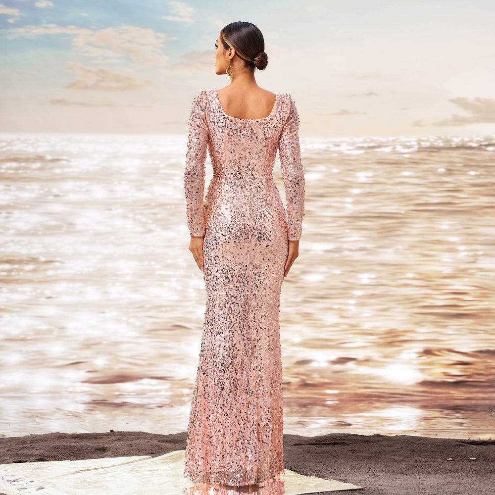 Long Sleeve Square-neck Sequined Sheath Fishtail Evening Dress - Onouthati