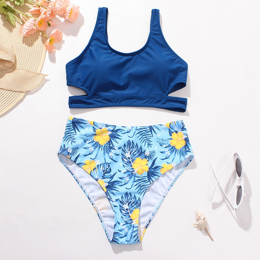 Ladies High Waist Solid Color Printed Swimsuit - Onouthati