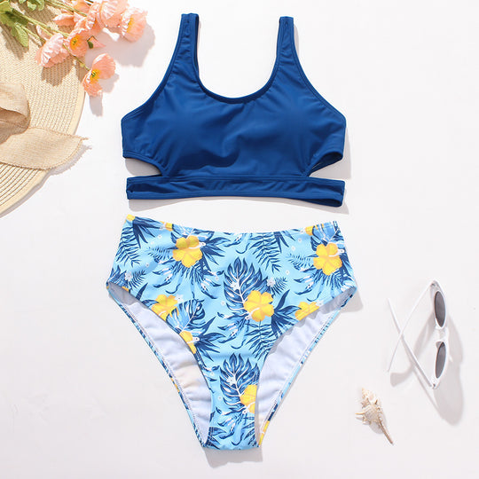 Ladies High Waist Solid Color Printed Swimsuit - Onouthati