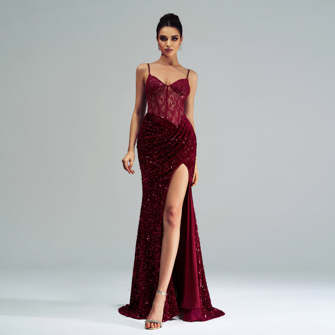 Spaghetti Straps Sleeveless Sequined High Slit Evening Dress - Onouthati