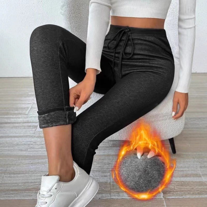 Women's Autumn And Winter Solid Color With Fur Drawstring Tight And Warm High Waist Outerwear Leggings - Onouthati