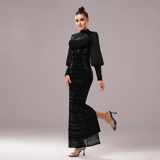 Long Sleeve Round Neck Sequins Slit Evening Dress - Onouthati