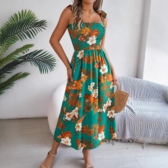 Flowers Print Suspender Corset Dress Ins Fashion Holiday Beach Long Dresses Summer Clothing For Women - Onouthati
