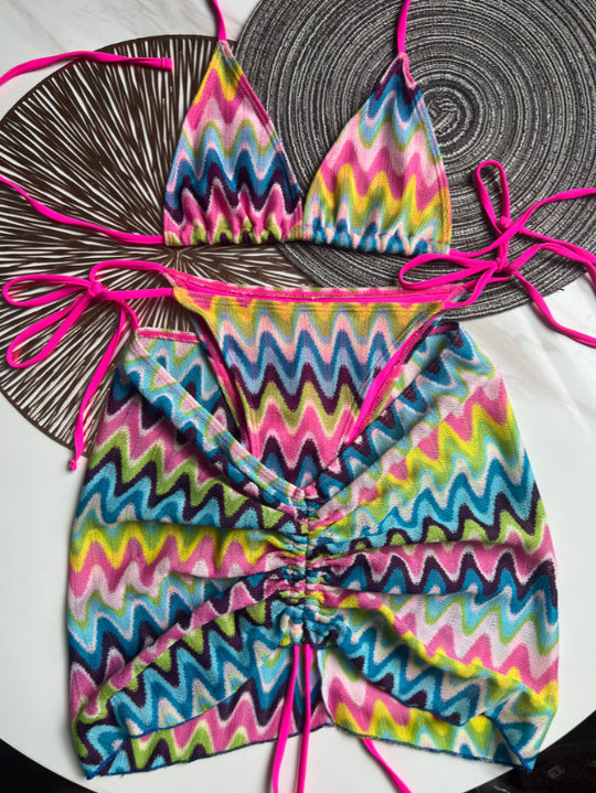 Knitting Bikini Skirt Three-piece Set Bikini Striped Swimsuit Bikini Women Swimw - Onouthati