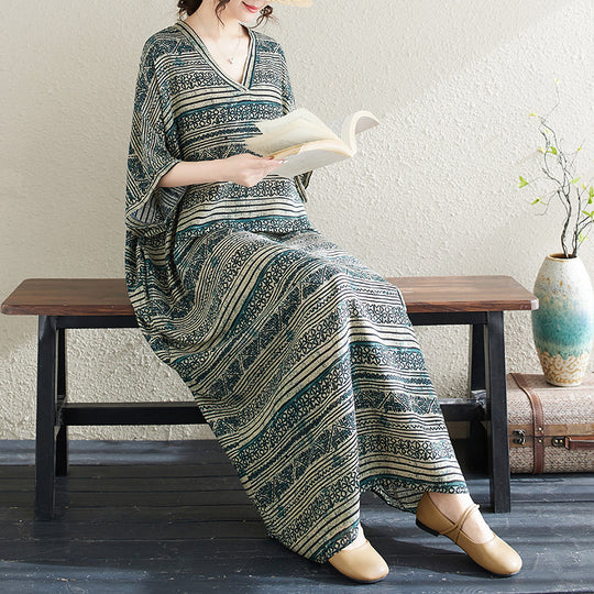 Ethnic Style V-neck Printed Striped Dress Women - Onouthati
