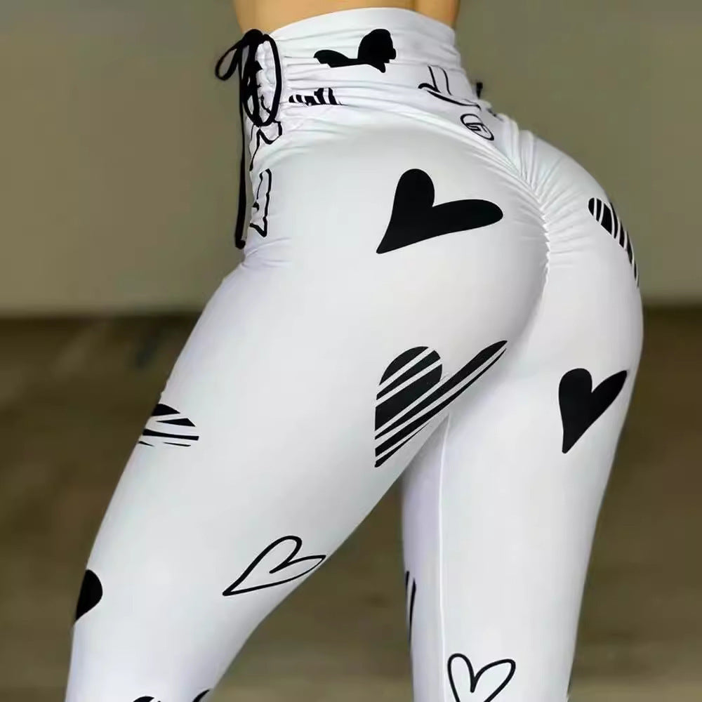 Drawstring Heart Print Yoga Sports Hip-hop Fitness Leggings - Onouthati