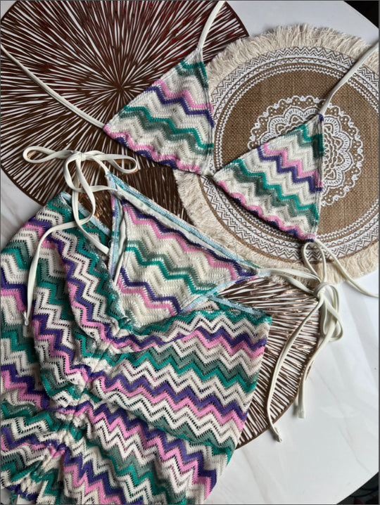 Knitting Bikini Skirt Three-piece Set Bikini Striped Swimsuit Bikini Women Swimw - Onouthati