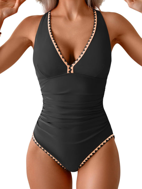 Women's One Piece Belly Contraction Pleated Push-up Lace-up Swimsuit - Onouthati