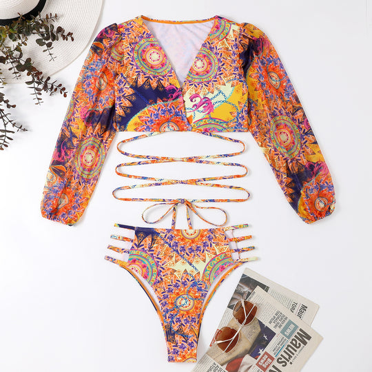 Mesh Long Sleeve Long Shoelace Bikini Swimsuit For Women - Onouthati