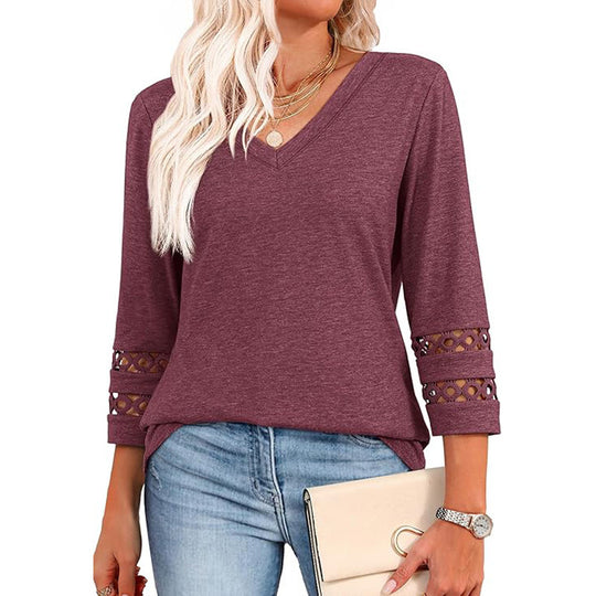 Solid Color Loose V-neck 34 Sleeves Women - Onouthati