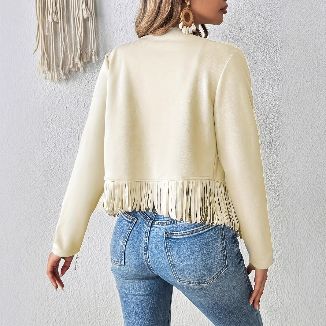 Women's Elegant Solid Color Tassel Trimmed Front Open Jacket Jacket - Onouthati