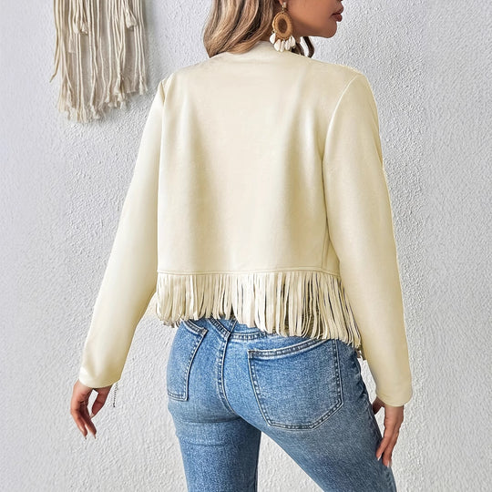 Women's Elegant Solid Color Tassel Trimmed Front Open Jacket Jacket - Onouthati
